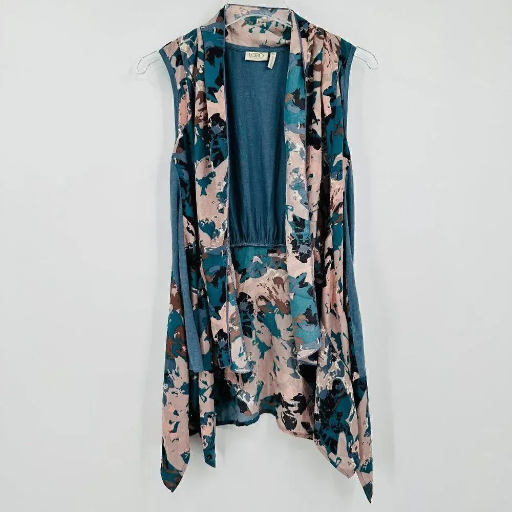 LOGO Lori Goldstein Size XS Blue & Cream Sleeveless Open Front Vest Cardigan